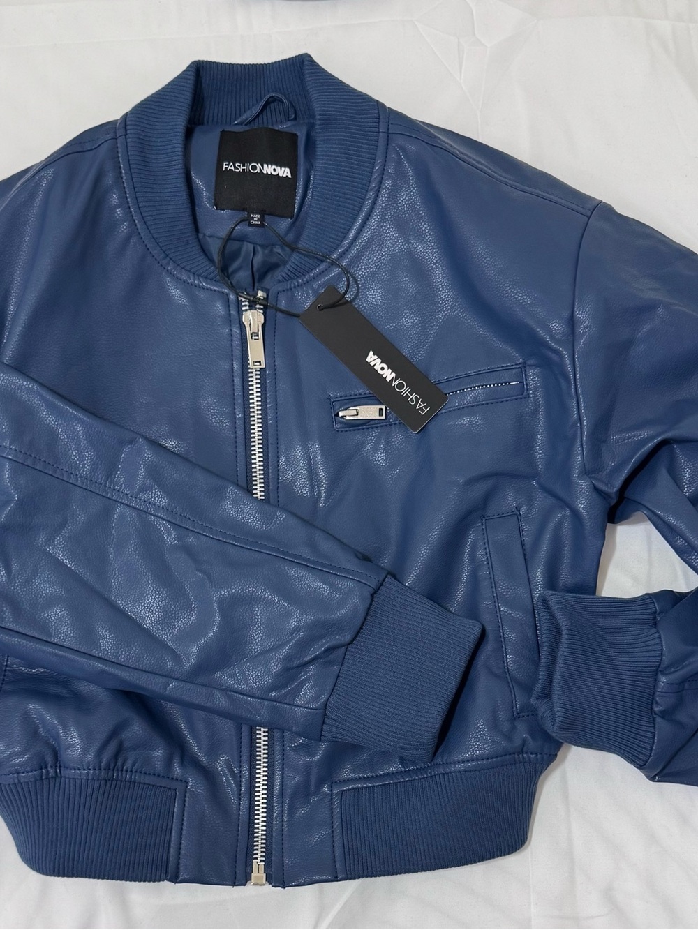 Fashion Nova Men’s Blue Faux Leather Bomber Jacket